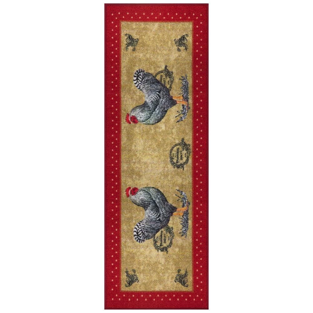 Ottomanson Rooster Collection Non Slip Rubberback Rooster Design 2x5   Beige Red Ottomanson Kitchen Mats Roo4200 20x59 64 1000 