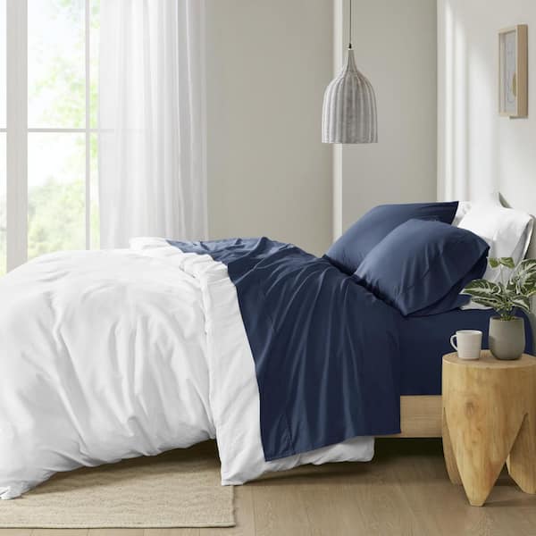 Navy Twin 200 Thread Count Relaxed Cotton Percale Sheet Set