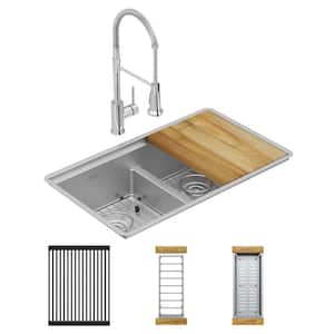 Crosstown 32 in. Undermount Double Bowl 18 Gauge Polished Satin Stainless Steel Kitchen Sink with Faucet