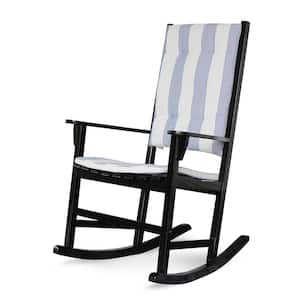 Moni Mahogany Black Wood Outdoor Rocking Chair with Blue Stripe Cushion