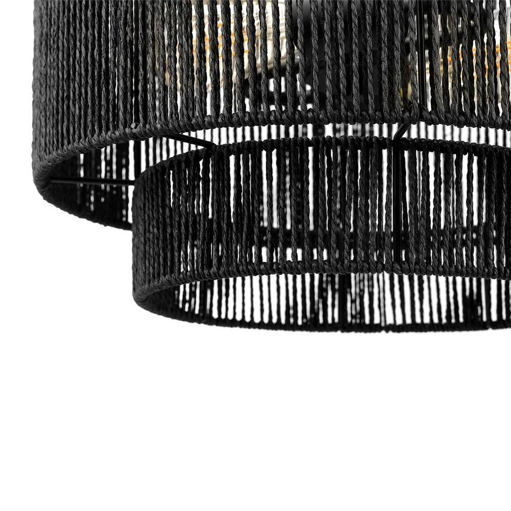 Matte Black Metal Drum Pendant Light with Paper Shade