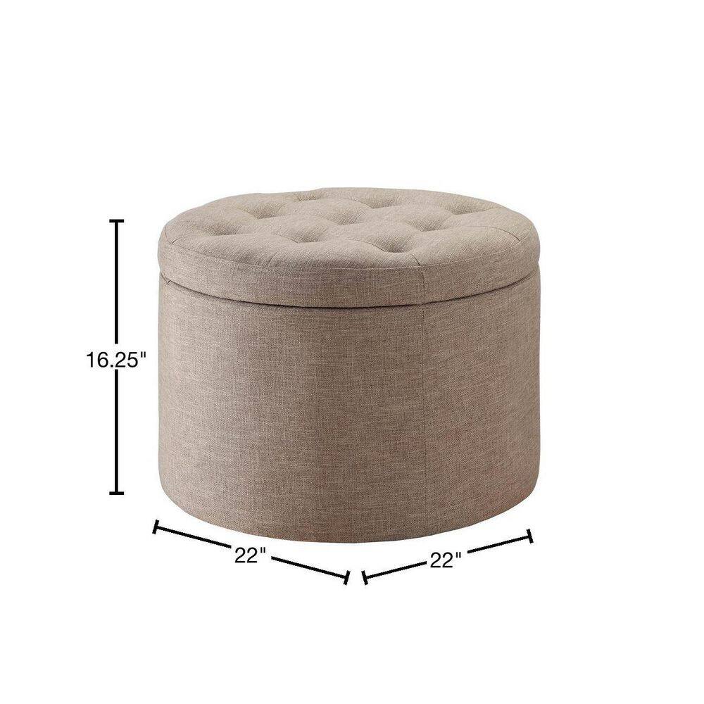 Beige Tufted Round Ottoman with Shoe Storage Compartments