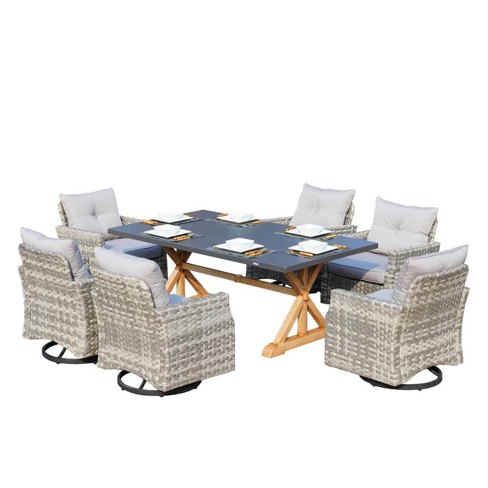 DIRECT WICKER Taylor Gray 7-Piece Wicker Rectangle Outdoor Dining Set with Gray Cushions -  PAD-234034SC-G