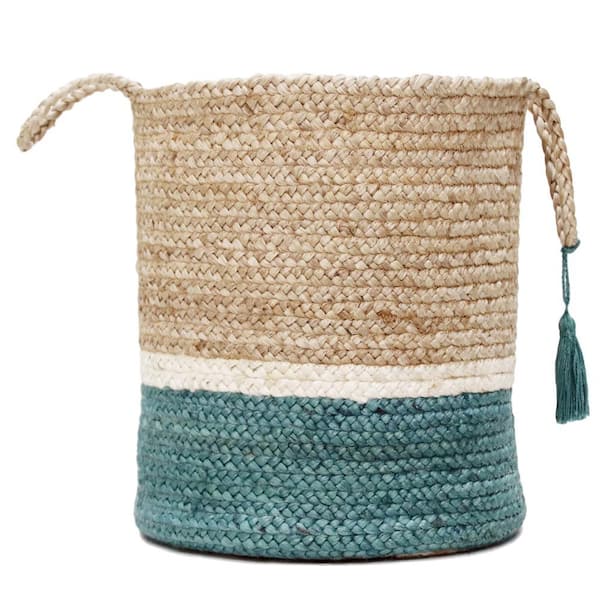 Unbranded Teal / Natural Jute 19 in. Color Block Storage Basket with Handles