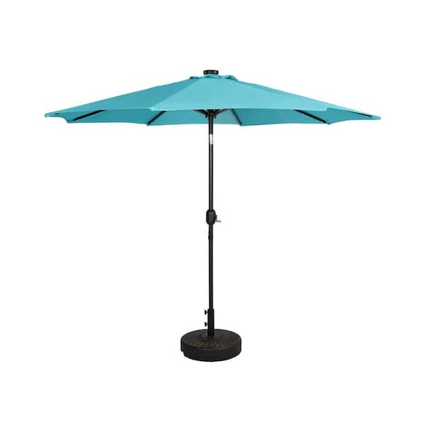 WESTIN OUTDOOR Marina Turquoise 9 ft. Market Solar Powered LED Lighted Tilt Patio Umbrella with Bronze Round Base Included