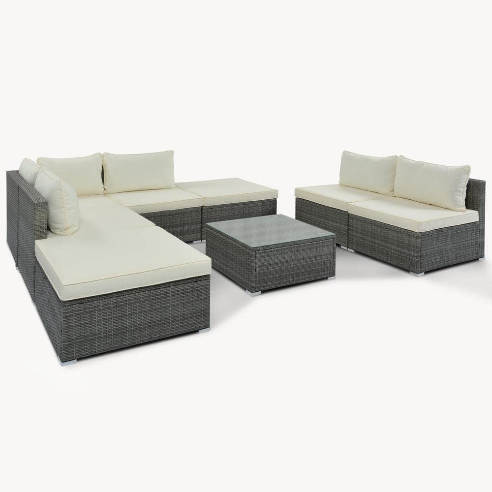 Boosicavelly 8Pieces Patio Gray Wicker Outdoor Sectional Set with