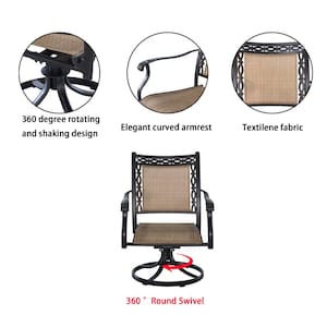 Commonly Used Brown Swivel Cast Aluminum Metal Outdoor Patio Padded Sling Chair Outdoor Dining Chair (2-Pack)