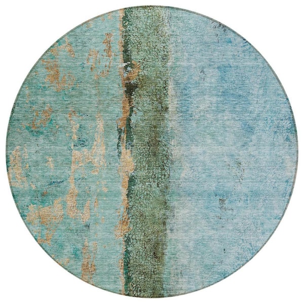 HomeRoots Blue, Gold 8 ft. Round Woven Abstract Polyester Round Indoor / Outdoor Area Rug