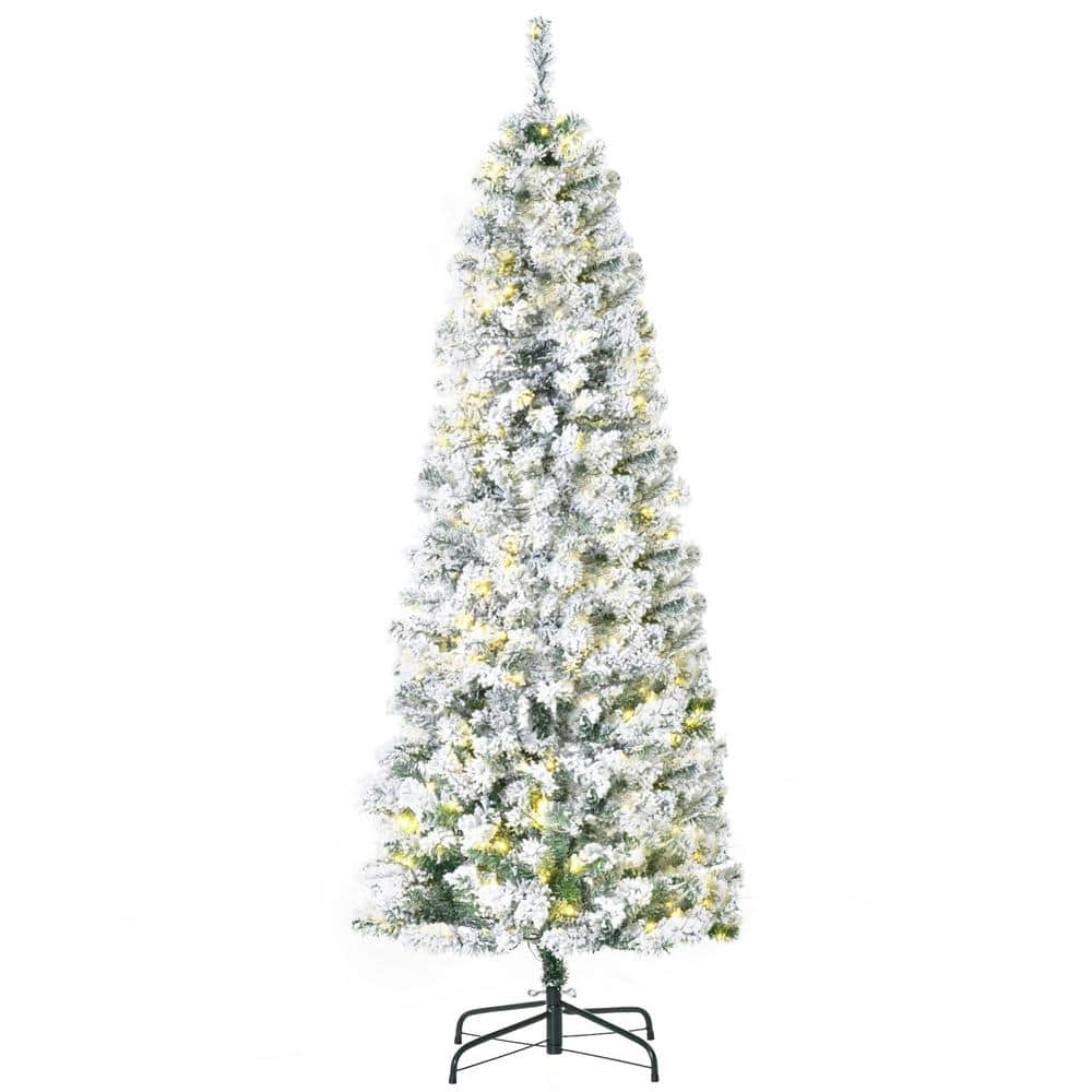 HOMESTOCK 7.5 ft Frosted Snow Flocked Prelit Slim Artificial Christmas Tree  with 1102 Branch Tips, 350 Warm Lights and Metal Stand 65512 - The Home  Depot