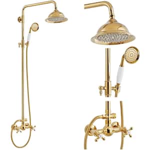 2-Spray Wall Slid Bar Round Rain Shower Faucet with Hand Shower 2 Cross Handles Mixer Shower System Taps in Gold