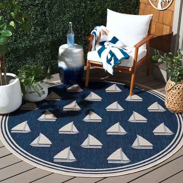 Courtyard Navy/Beige 7 ft. x 7 ft. Border Sailor Indoor/Outdoor Round Area Rug