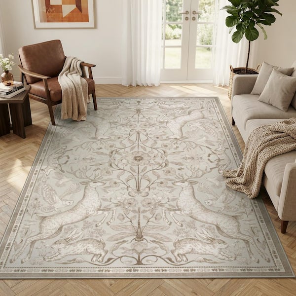 Modern Woodland Animal Deer Botanical Washable Non Slip 5 ft. x 7 ft. Beige Living Room Bedroom Kids Room Area Rug