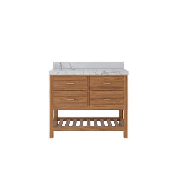 Willow Collections Parker Teak 42 in. W x 22 in. D x 36 in. H Single Sink Bath Vanity in Golden Teak with 2 in. Venatino Qt. Top