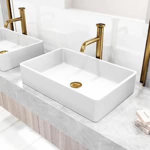 Matte Stone Magnolia Composite Rectangular Vessel Bathroom Sink in White with Cass Faucet and Pop-Up Drain in Matte Gold