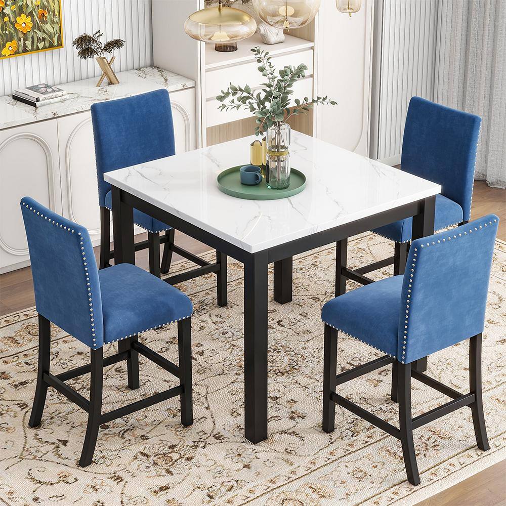 5-Piece Square Faux Marble Wood Tabletop Counter Height Dining Table Set wi