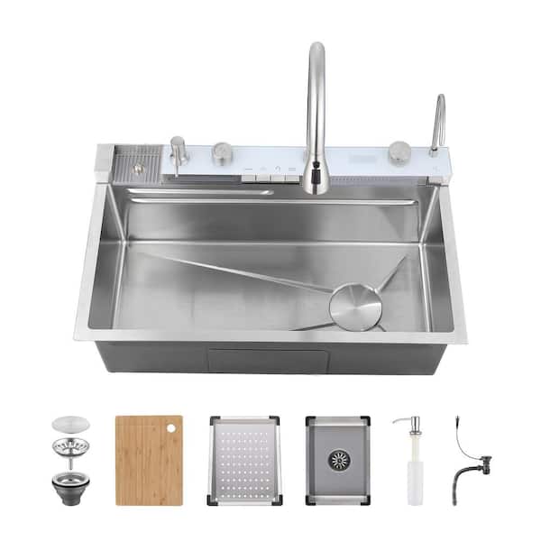 29.5 in. Drop-In Handmade Single Bowl 20-Gauge Brushed Stainless Steel Kitchen Sink with Faucet, Drain Assembly