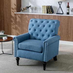 Mid-Century Modern Blue Button Linen Upholstered Accent Armchair with Nailhead Trim Design (Set of 1)