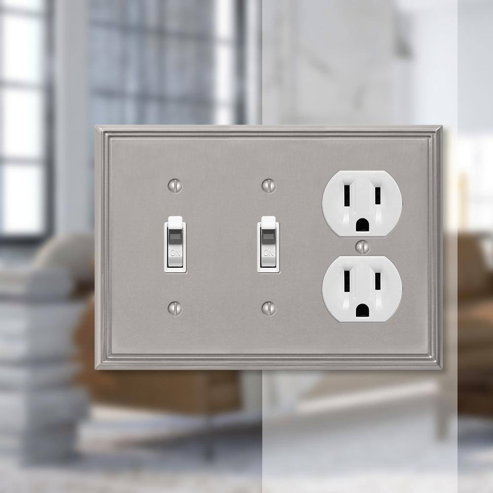 Brushed Nickel 3-Gang Metal Wall Plate with 2 Toggle and 1 Duplex