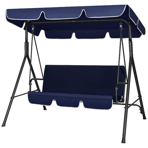 3-Person Steel Frame Metal Patio Swing with Canopy in Navy Blue