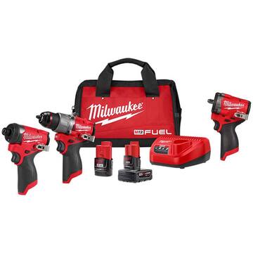 Milwaukee M12 FUEL 12V Lithium-Ion Cordless Drill Driver, Impact Wrench, and Ratchet Combo Kit (3-Tool) w/Batteries, Charger & Bag 3424-23