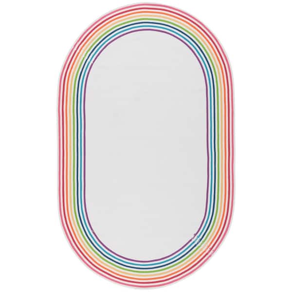 Braided 5 ft. x 8 ft. Ivory/Rainbow Border Striped Solid Oval Area Rug