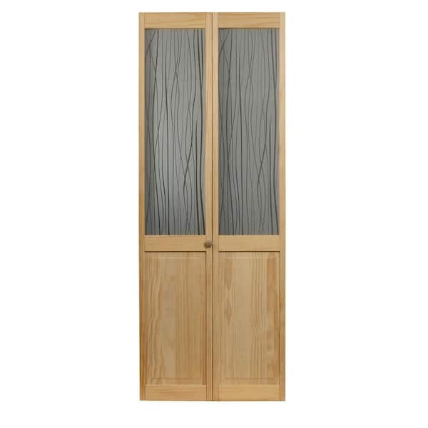 Pinecroft 23.5 in. x 78.625 in. Grass Glass Over Raised Panel 1/2-Lite Decorative Pine Wood Interior Bi-fold Door
