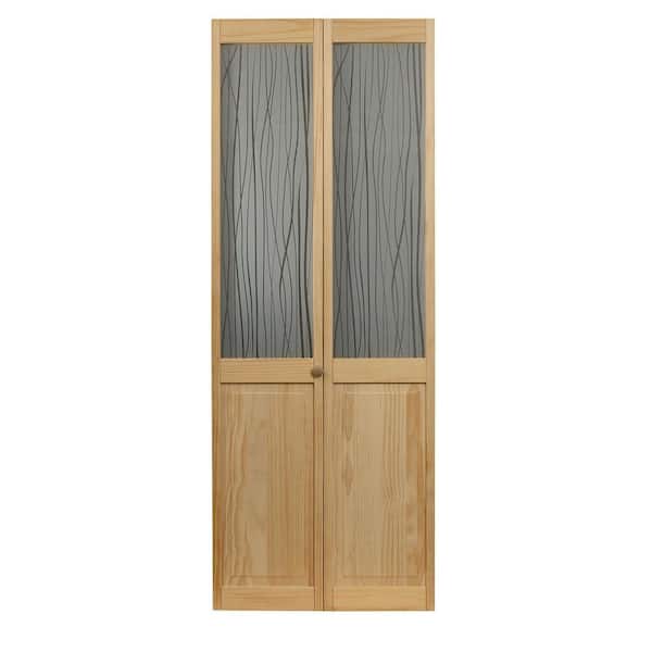 Pinecroft 35.5 in. x 78.625 in. Grass Glass Over Raised 1/2-Lite Decorative Panel Pine Wood Interior Bi-fold Door