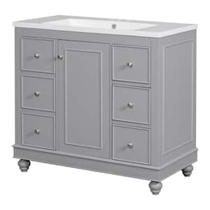 36 in. W x 18 in. D x 33.87 in. H Freestanding Bath Vanity in Gray with White Resin Single Sink and 4-Drawers