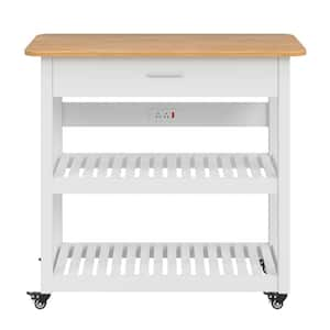 Kitchen Island Cart on Wheels, 40 in. Rolling Utility Cart with Power Strip, White Wood Top Shelves for Kitchen Storage