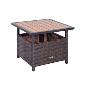 22 in. Rattan Wicker Square Side Table with Steel Frame, Umbrella Hole and Sand Bag in Brown