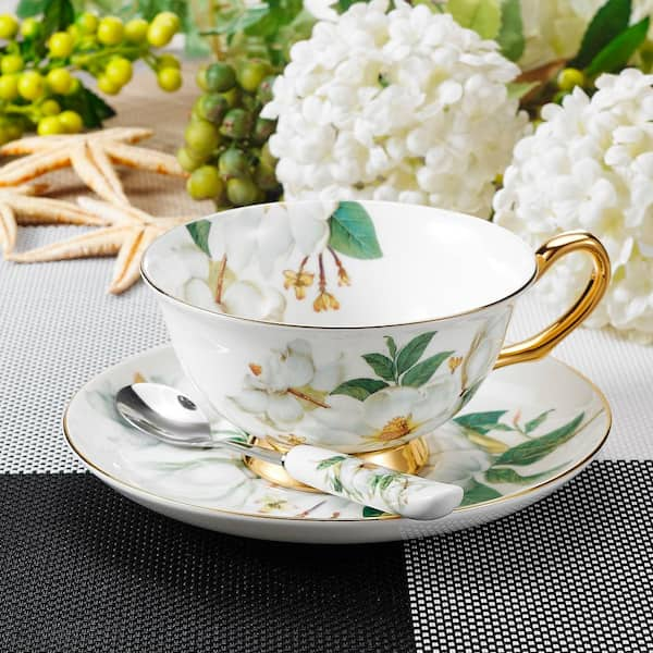 Panbado 6.7 oz. Cups and Saucers Sets with Spoons Sleeping Beauty Patterned  Bone Yellow 3-Pieces Set Tea Cup Porcelain Mugs BC-CC-033 - The Home Depot