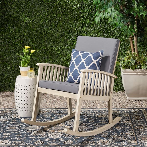 Unbranded Teak Outdoor Rocking Chair with Grey Cushions, Suitable for Patio, Garden, Backyard, Balcony