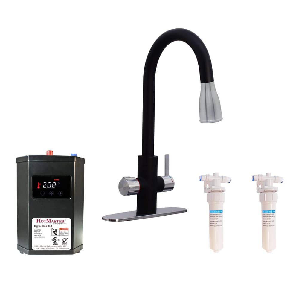 Westbrass HotMaster 4-in-1 Single-Handle Instant Hot Water Pull Down Kitchen Faucet with DigiHot Tank in Matte Black/Steel