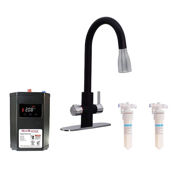 Westbrass HotMaster 4-in-1 Single-Handle Instant Hot Water Pull Down Kitchen Faucet with DigiHot Tank in Matte Black/Steel