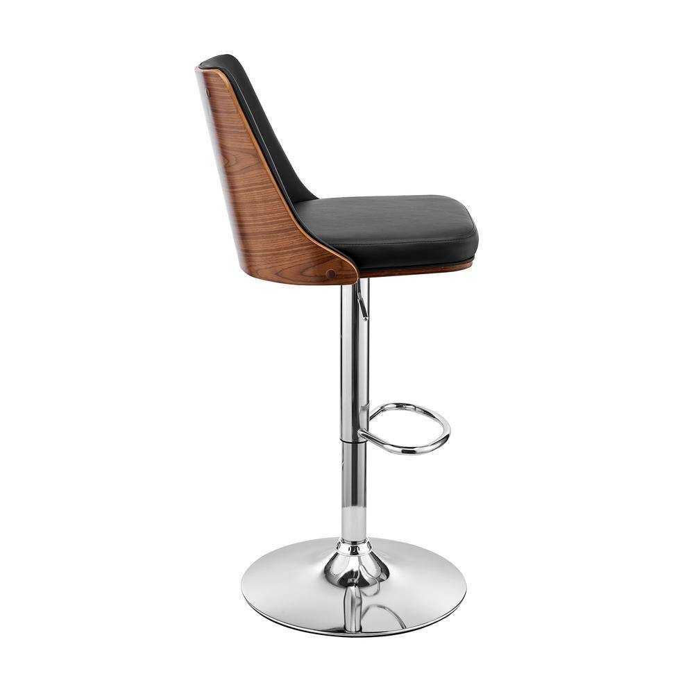 Adjustable Swivel Black Leather & Walnut Wood Bar Stool with Chrome Base