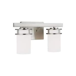 Robie 14 in. 2-Light Brushed Nickel Transitional Rustic Wall Bathroom Vanity Light with Etched White Glass Shades