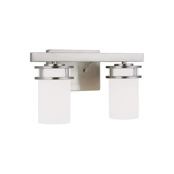 Robie 14 in. 2-Light Brushed Nickel Transitional Rustic Wall Bathroom Vanity Light with Etched White Glass Shades