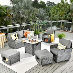 Fortune Dark Gray 6-Piece Wicker Outdoor Patio Fire Pit Conversation Seating Set with Gray Cushions