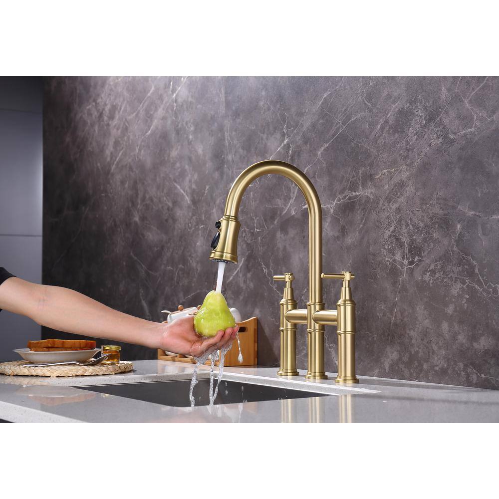 Brushed Gold Brass Bridge Kitchen Faucet with Pull-Out Spray