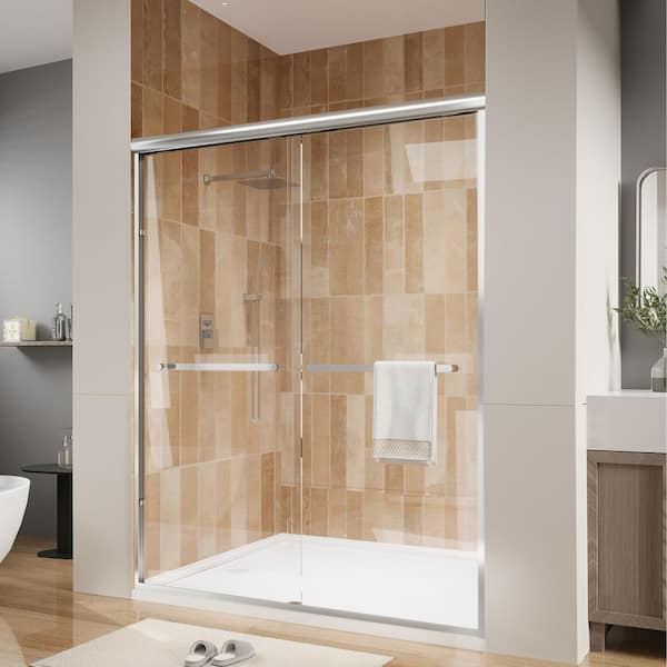 56 in.-60 in. W x 72 in. H Sliding Framed Shower Door in Brushed Nickel with Clear Glass