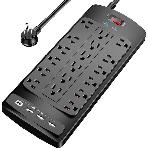 6 ft Cord 18-Outlet Surge Protector Power Strip with 4 USB-A Ports 0 USB-C Ports Flat Plug ETL Certified Black