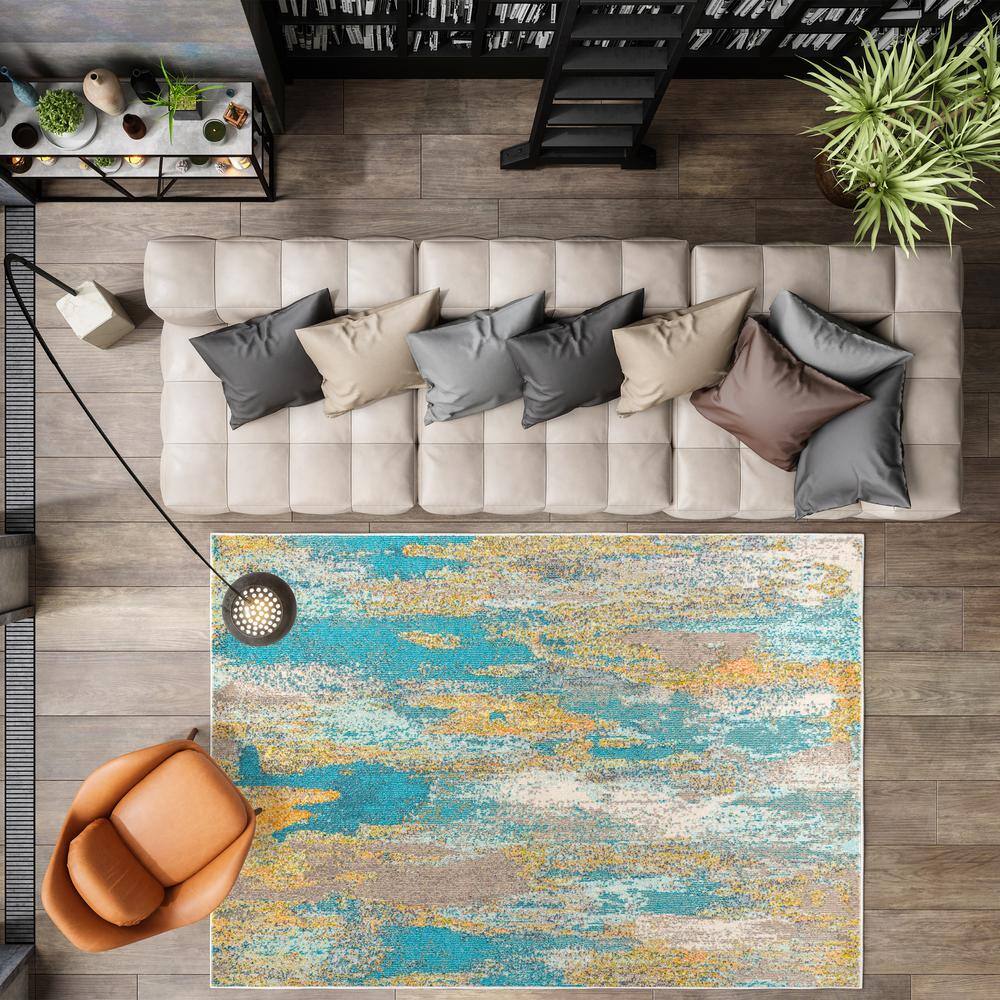 Contemporary Blue and Brown Abstract Rectangular Area Rug