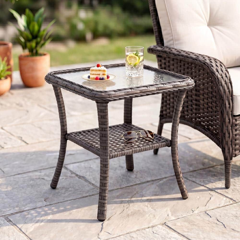 Outdoor 2-Tire Wicker Side Table End Table w/ Glass Table Top Metal Frame Hand-Woven PE Rattan All-Weather, Brown price history on PriceWatchPro