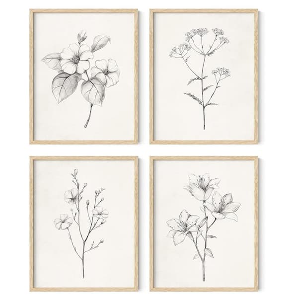 Unbranded 4 Piece Beige Wood Framed Black and White Flower Wall Prints 14 in. x 11 in.