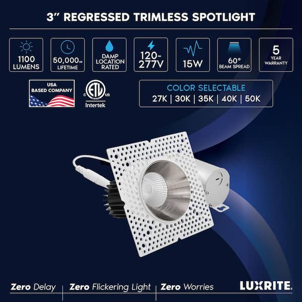 4-Pack 3 in. Trimless Recessed Light with Integrated LED Trim, 15W, 1100LM, 5CCT, 60°, Dimmable, White Plus Nickel