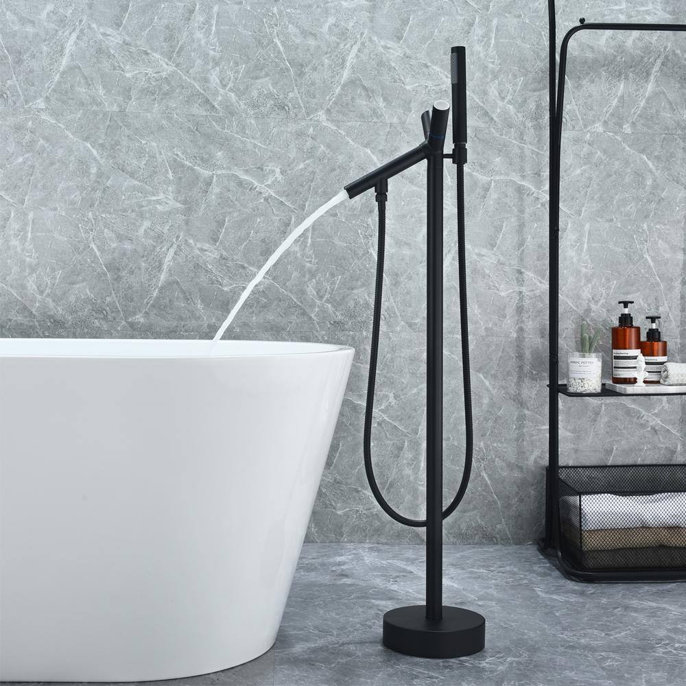 Matte Black Freestanding Floor Mounted Tub Filler with Handshower