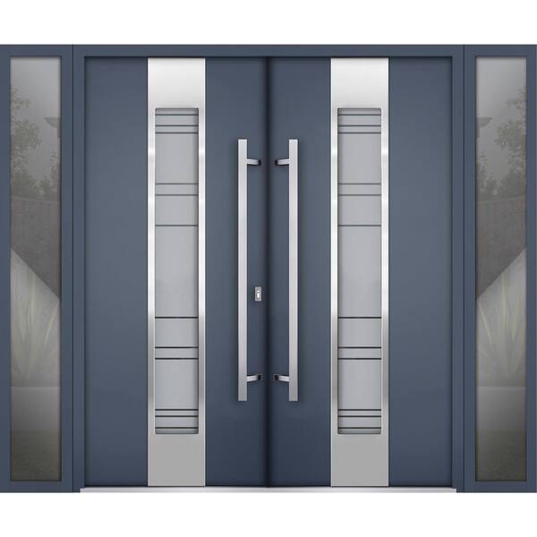 0757 96 in. x 80 in. Right-hand/Inswing 2 Sidelites Tinted Glass Gray Steel Prehung Front Door with Hardware