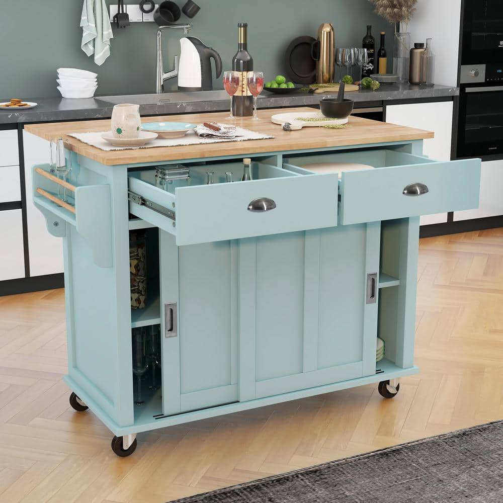 Mint Green Rubber Wood Flodable Drop-Leaf Countertop 52.2 in. W Kitchen ...