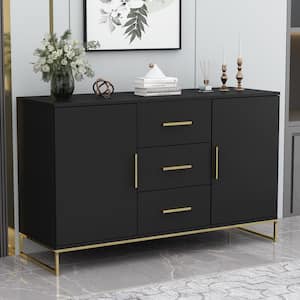 Black Storage Accent Cabinets with 3-Drawers and 2-Cabinets, Metal Legs Cupboard Floor-Standing Sideboard
