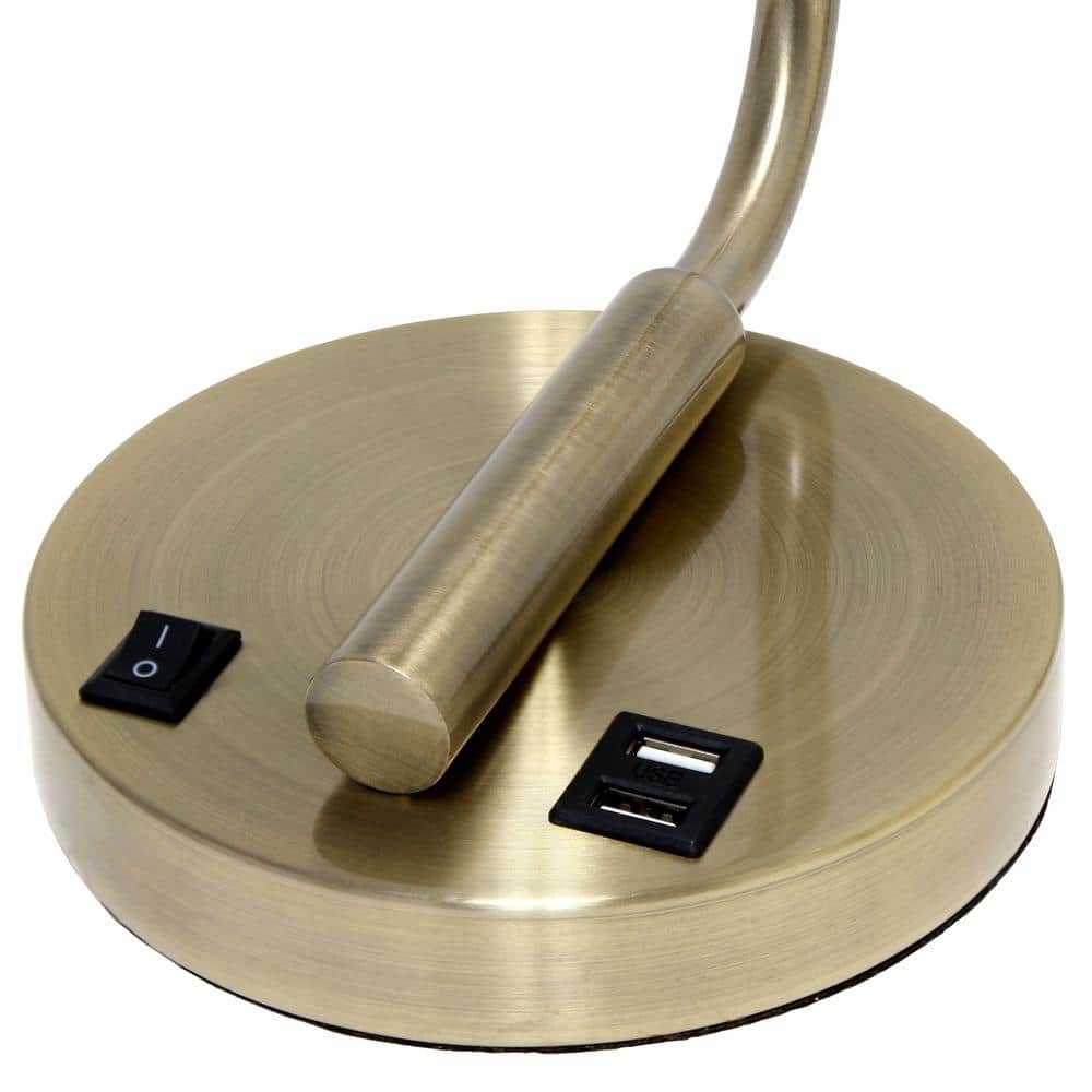 Antique Brass Curved Arm Desk Lamp with Clear Glass Shade